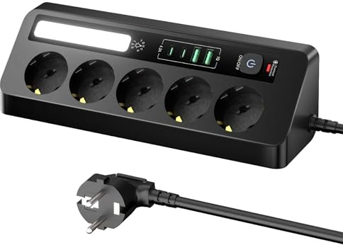 Grenuttag med strömbrytare, hörngrenuttag 5-vägs flera uttag med nattlampa 2 × USB-C 4,2 A grenuttag hörn 2 × USB hörn grenuttag 2 m kabel för kök skrivbord (svart)