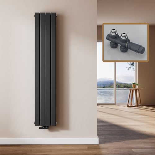 EMKE Radiateur Design Vertical, 160 x 30 cm, Radiateur Mural Plat en Acier,Double panneau, Raccord Central, Noir, 889W(y compris vannes)