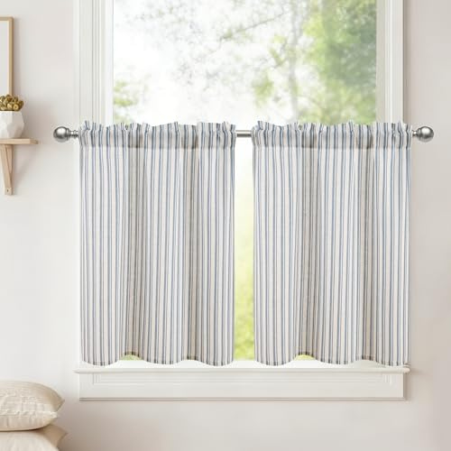 DWCN Köksgardiner skivgardiner korta randiga blå gardiner H 45 x 60 cm set om 2 linneutseende gardiner halvtransparent bistrogardin med gardinstång för sovrum skåpgardin barnrum