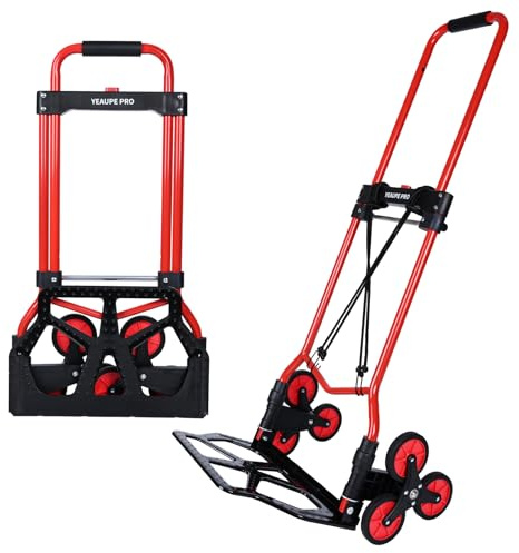 YEAUPE PRO Carrello Saliscale Pieghevole con Manico Telescopico, Ruote in Gomma, 2 Cinghie | Portata 50 kg per Traslochi, Giardino, Trasporto, Rosso - Sulle Scale