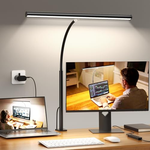 LED Desk Lamp with Clamp, Desk Light for Home Office, Eye-Care Dimmable Reading Light, 5 Colors & 10 Brightness, Flexible Gooseneck,Timer & Memory Function, for Craft & Nail, Adapter Included