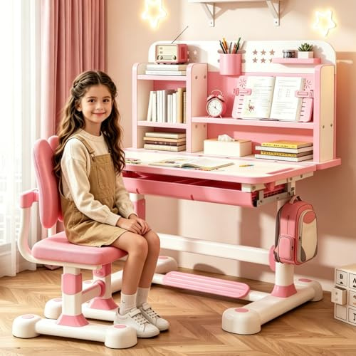 Set da scrivania e sedia per bambini, scrivania per bambini regolabile in altezza con piano di lavoro da 80 cm, divisorio scientifico, cassetti, libreria, perfetto per rosa