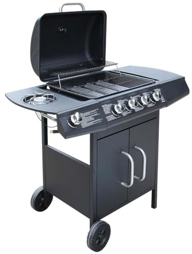 faucqel Barbacoa de gas 4+1 quemador negro con termómetro, acero inoxidable, 104 x 55,4 x 97,7 cm, incluye cubierta, ideal para jardín, barbacoa, barbacoa al aire libre, diseño duradero, gran
