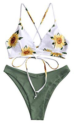 ZAFUL Conjunto de Bikini con Relleno Push Up Triangular Busto Ajustable con Tirantes Cruzados Traseros Estampado Talle Bajo (Margarita-Verde, M)