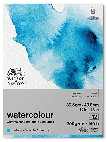 Winsor and Newton Watercolour Paper Pad, 30.5 x 40.6 cm, 12 Sheets, 300 g/m�, Glue Bound, Cold Pressed, Acid , Mixture of 25 Percent Cotton and Cellulose Fibres, Natural White