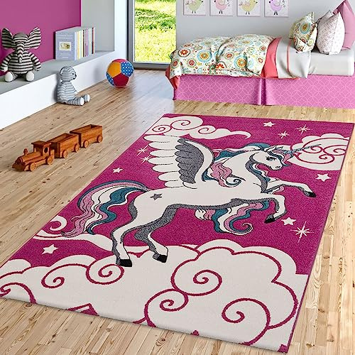 TT Home Kinderteppich Pink Fuchsia Das Fliegende Einhorn Spielteppich, Größe:80x150 cm