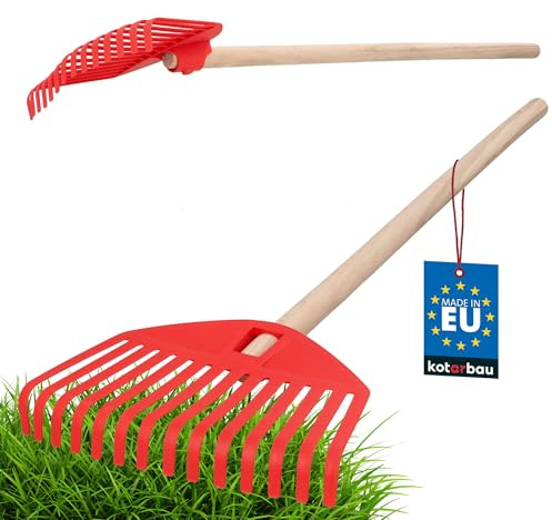 KOTARBAU® Rastrillo Infantil de plástico, Mango de Madera 65cm, Color Naranja, Escoba para niños, Juguete de jardín, Rastrillo de Hojas pequeño