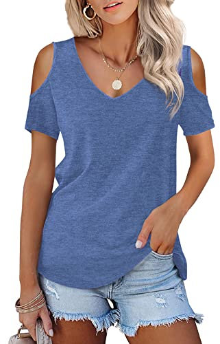 Beluring T-Shirts for Women Elegant V Neck Could Shoulder Short Sleeve Tops Blue Size 12 14