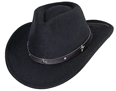 Black Cowboy Hat for Women Men Western Style Wide Brim Felt Panama Fedora Hat with Detachable Belt Buckle, Black C, 7 1/8