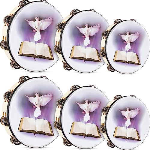 Boao 6 Pack Tambourines for Church, Double Row Jingle, Dove Bible White