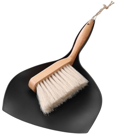 Navaris Juego de Escoba y Recogedor Retro - Cepillo de Crin con Mango de Madera y Pala Pequeña de Mano Negra para Barrer - Recoge Basura y Migas de Pan para Suelos y Mesa - Negro