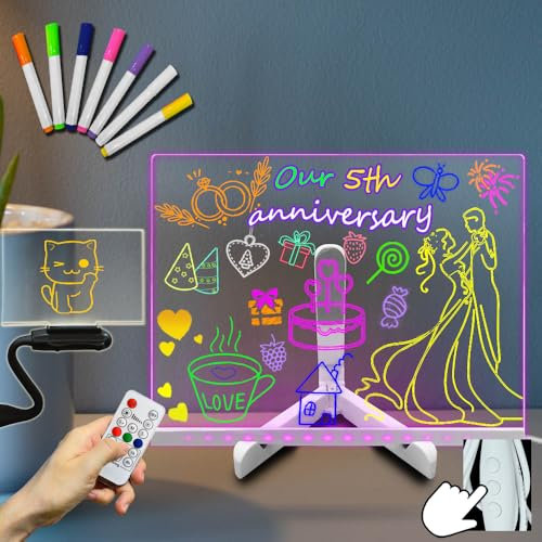 Tableau d’affichage Transparent acrylique 11.81 * 7.95Inch lumière de nuit 7 couleurs avec télécommande tableau blanc effacable lumineux avec support pliant tableau de planification lampe de Table