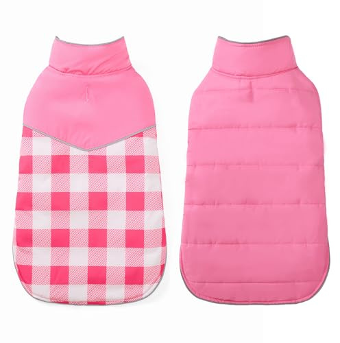 Geyecete Dog Winter Coat,Reversible Dog Coat Water Resistant British Style Plaid Dog Winter Coats Leash Hole Soft Basic Warm Dog Coat Jacket-Pink-M, Medium