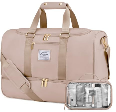 LOVEVOOK Sporttasche Reisetasche Damen, Travel Bag Gym Bag mit Kulturtasche, Schuhfach & Nassfach, Wasserdicht Strandtasche Schwimmtasche Saunatasche, Handgepäck Tasche für Sport Urlaub, Sandfarben