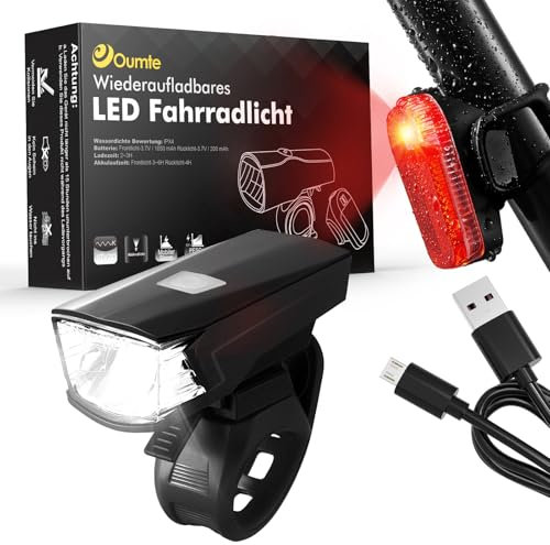 OUMTE Fahrradlicht Set LED Fahrradbeleuchtung USB Aufladbar Fahrradlampe STVZO Zugelassen IPX4 Wasserdicht Bike Light mit Frontlichter und Rücklicht Fahrradlichter für Kinder und Erwachsene