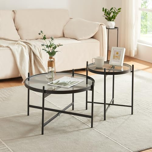 [en.casa] Soffbord set Lier sidobord set om 2 runda vardagsrumsbord glasbord soffbord metallram bordsskivor av glas svart