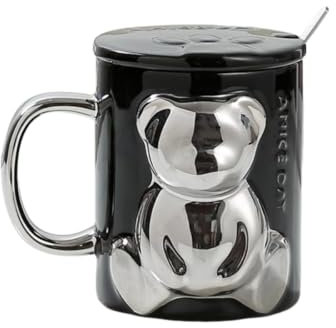 Taza de café de cerámica de 400 ml, porcelana 3D, con tapa y cuchara, taza de té para mujeres, taza kawaii, oso, regalos para mujeres, inauguración de la casa, vacaciones (negro)