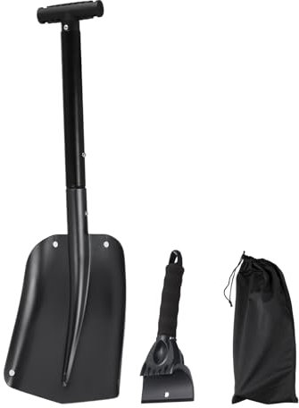 sourcing map Pala de nieve 3 en 1 de aluminio para quitar hielo, kit de eliminación de nieve de emergencia con bolsa de almacenamiento para coche, camping, jardinería, color negro
