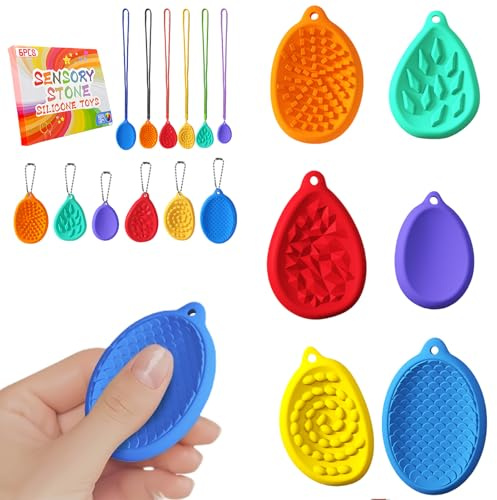 Echehi Lot de 6 Jouets Sensoriels pour Enfants et Adultes, 10 Différents Tactiles et Visuels pour Soulager L'anxiété, Pierre Fidget Toys en Silicone avec Trous pour Un Transport Facile