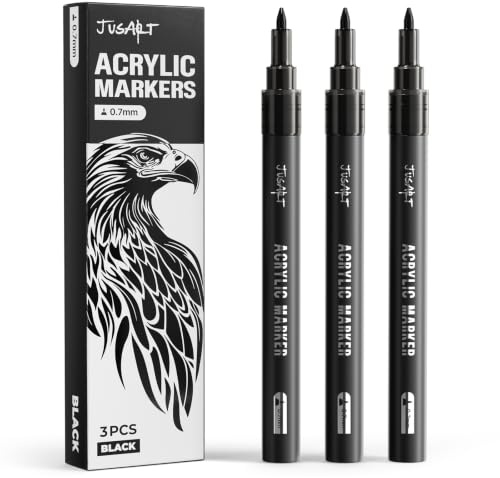 JusArt 0,7 mm fin spets svart akrylfärgmarkör, 3-pack | Svart färgmarkör för stenmålning, konstprojekt, keramik, glas, trä, metall, tyg, gör-det-själv, perfekt för konsttillbehör
