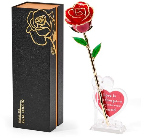 Mikasol Real 24K Gold Dipped Realistic Rose – Timeless Lifelike Bloom with Heart Puzzle Base – Romantic Red Flower Gift for Her, Wife, Girlfriend, Mom – Birthday, Anniversary, Mother’s Day (Red)
