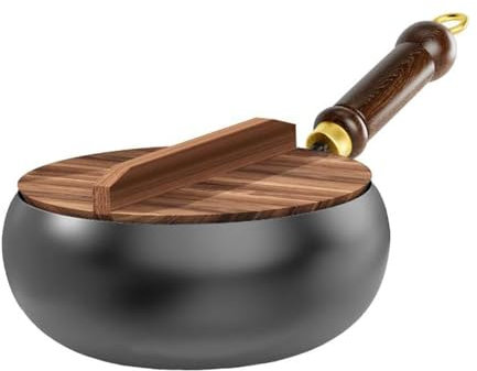 9/11 Uncoated Iron Pan with Wooden Lid, Japanese Iron Pan, Hand Forged Non-Stick Irons Pans, Big Belly Pot Ironss Panss Stock Pot, for High-Heat Frying, for Gas Stoves Induction Hobs (28cm/11)