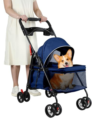 Passeggino pieghevole per cani e gatti di piccola taglia, leggero con portabicchieri, rete traspirante e ruote ammortizzanti a 360°, salvaspazio, capacità 7,5 kg, per viaggi e passeggiate all'aperto