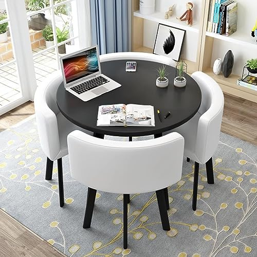 Modern Round Dining Table Set with 4 Chairs 31.5 Small Office Conference Table Stylish Kitchen Lounge Furniture White PU Finish for Dining Room & Living Room