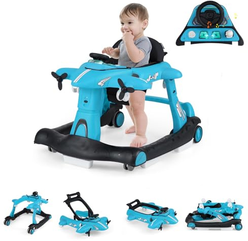 GOPLUS 6-i-1 gåstol, gåvagn med justerbar hastighet och 3 höjder, matbricka, musik, ljus och vikbar design, baby walker i flygplansmotiv för baby 6–18 månader (blå)