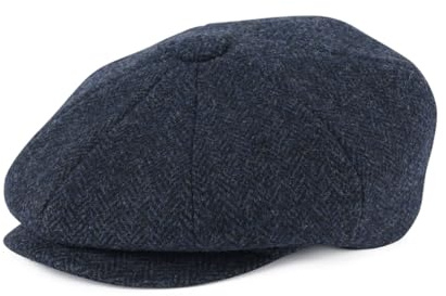 FEINION Mens 8 Panels Tweed Wool Bleed Newsboy Caps Irish Gatsby Flat Baker Boy Hat (Herringbone Navy, 7 5/8)