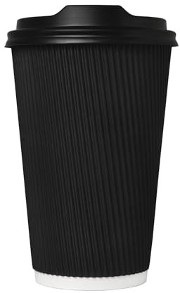 We Can Source It Ltd – 200 Sets of 12oz Insulated Black Paper Coffee Cups with Lids, Disposable Hot Beverage Cup for Coffee, Tea - Leak-Proof Disposable Coffee Cups for Home, Office and Cafes