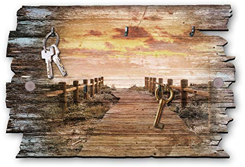 Kreative Feder Steg zum Meer Designer Schlüsselbrett, Hakenleiste im Landhaus-Stil, Shabby-Chic aus Holz 30x20cm (Steg zum Meer)