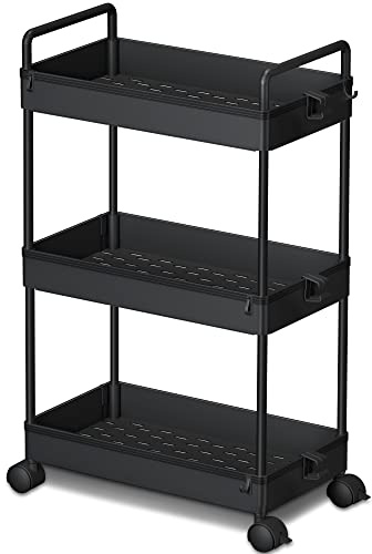 Ronlap 3 Tier Slim Rolling Storage Cart with Wheels Plastic Utility Cart Organizer for Snack Craft Art Postpartum Baby Diaper Nail Makeup in Bathroom Laundry Room Kitchen Bedside Narrow Space, Black