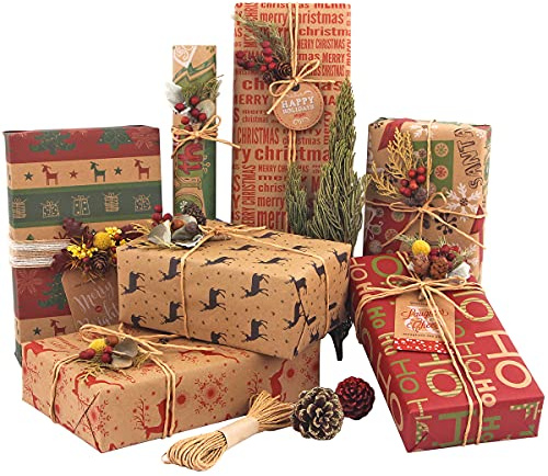 Haipicho 12 Sheets Christmas Wrapping Paper Set - 70x50cm Recycled Kraft Sheets with 10 Tags & 10m Twine - 6 Vintage Designs Eco Friendly Gift Wrap for Men Women Kids (Folded Flat)