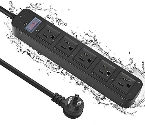 Outdoor Power Strip Waterproof with 5 Outlets, Garden Weatherproof Surge Protector, Christmas Multiple Outlet Exterior Socket for Lighting Appliances. 10FT Extension Cord Strip with Flat Plug. Black