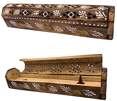 Quemador Incienso (incensario) Caja de Madera Decorada a Mano en India - Exclusivo diseño de espigas Blancas y Elefantes 30.5x6.2x5.5 - - Peso 240 g. Porta Incienso Madera