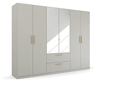 Rauch Möbel Skandi by Quadra Spin Schrank Drehtürenschrank, Grau, 6-trg. mit Spiegel, inkl. 3 Kleiderstangen, 3 Einlegeböden, 2 Schubkästen, BxHxT 271x210x54 cm