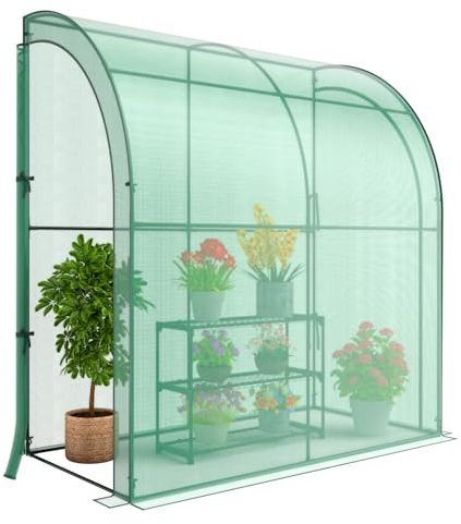 GOPLUS Gewächshaus, Foliengewächshaus mit 3-stöckigem Blumenregal & PE-Gitterabdeckung, Tomatengewächshaus mit 2 Rolltüren, Tomatenhaus Treibhaus Wandgewächshaus, 198,5 x 98 x 215 cm, Grün