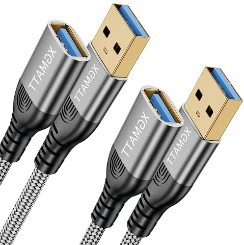 USB 3.0 Verlängerung Kabel (2M 2Stück) USB Verlängerungskabel A Stecker auf A Buchse mit eleganten Alluminiumsteckern, Nylon Stoffmantel für Tastatur, Drucker,PS VR, Kamera, Kartenlesegerät,Grau