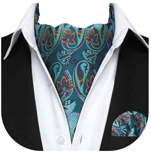 HISDERN Paisley Cravats for Men Silk Teal Cravat and Handkerchief Formal Elegant Turquoise Ascot Tie & Pocket Square Set for Wedding Party Business