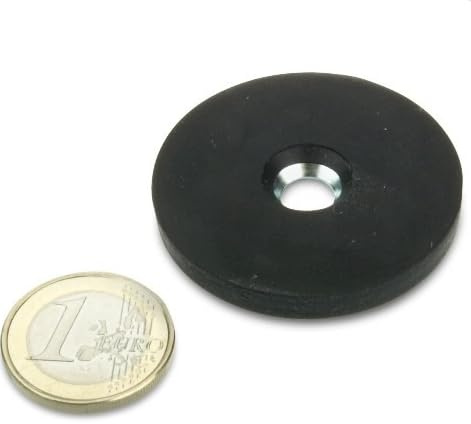 2 x Base magnética engomada con agujero avellanado Ø 43 mm - Neodimio (NdFeB) - Fuerza de sujeción 10 kg - 2 piezas - Imán plano con goma y orificio de fijación