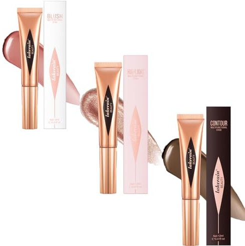 blush Liquid 3PCS Cream, Highlighter Makeup, Contour Stick & Wand, Waterproof Bronzer Stick, Pink Blusher for Cheeks & Eyeshadow (01+04+06)