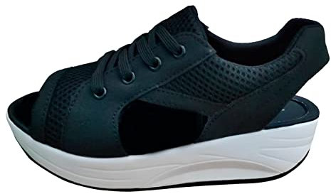 Générique 2024 – Frauen bequeme runde Zehensohle Keilabsatz atmungsaktiv Schuhe aus Mesh Wippe Komfort Sport Sandalen Casual Pantoffel Komfort mit Ferse, Schwarz, 37 EU
