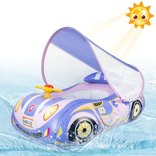 Olycism Flotadores para Bebés con Sombra UPF50+ Ajustable Toldo de Sol y Volante de Juguete Flotadores para Bebes pequeños con Kit de Parches para Niños Flotador bebé 1-4 Años Azul