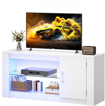 YITAHOME TV Schrank, TV Lowboard LED Weiß - Fernsehschrank Fernsehtisch mit RGB-LED-Leuchten Lowboard und Glasregal Fächern für 43 Zoll & kleinere TVs,für Wohnzimmer Schlafzimmer, B106 x H50 x T35 cm