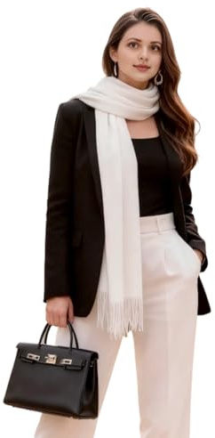 LA FERANI Damen Kaschmir Schal dünn leicht Frühling 200x70 Weiss Kaschmirschal extra geschmeidig elegant stilvoll formelle Anlässe Uni Farbe Damenschal einfarbig (Weiß)