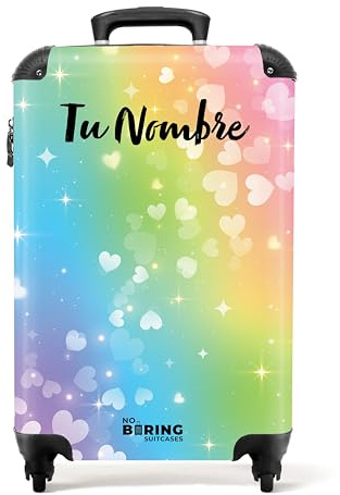 NoBoringSuitcases© Valise Enfant Fille, Valise Cabine, Bagages Enfant, | 55x35x25 cm - Valise Enfant Roulette, Trolley, Valise Fille, Valise Personnalisable (Cœurs flottants - Arc-en-ciel)