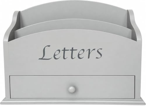 GreyZouq Wooden Letter Rack with Drawer and Two Compartments, Vintage Letter Holder, Mail Organiser, Wooden Desk Organiser, Desktop Storage for Home Office, Hallway & Study, Light Grey