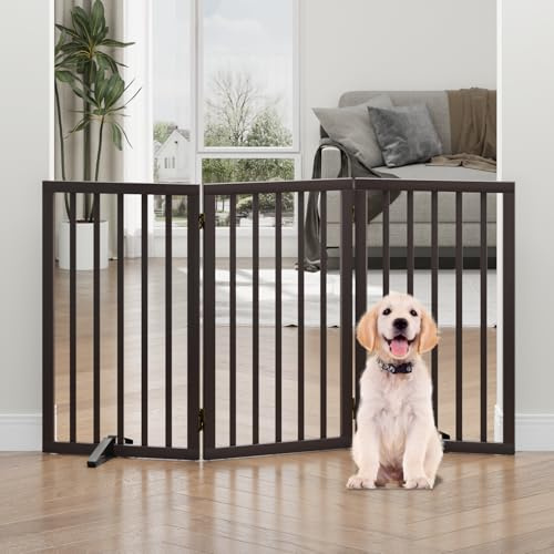 Algherohein Dog Gate, Freestanding Tall, Foldable, 3 Panels (Brown)