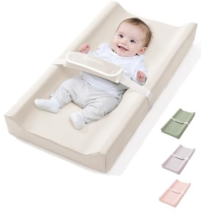 COMOMY Vegan Leather Baby Changing Mat with Waterproof and Soft PU Cover, Anti-Roll and Anti-Slip Wedge Changing Pad with Safety Straps, Portable Nappy Change Mat, for Dresser and Table, Beige